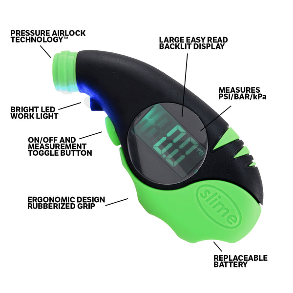 Slime Airlock Digital Tyre Gauge (5-150 psi) #20475-95 Features